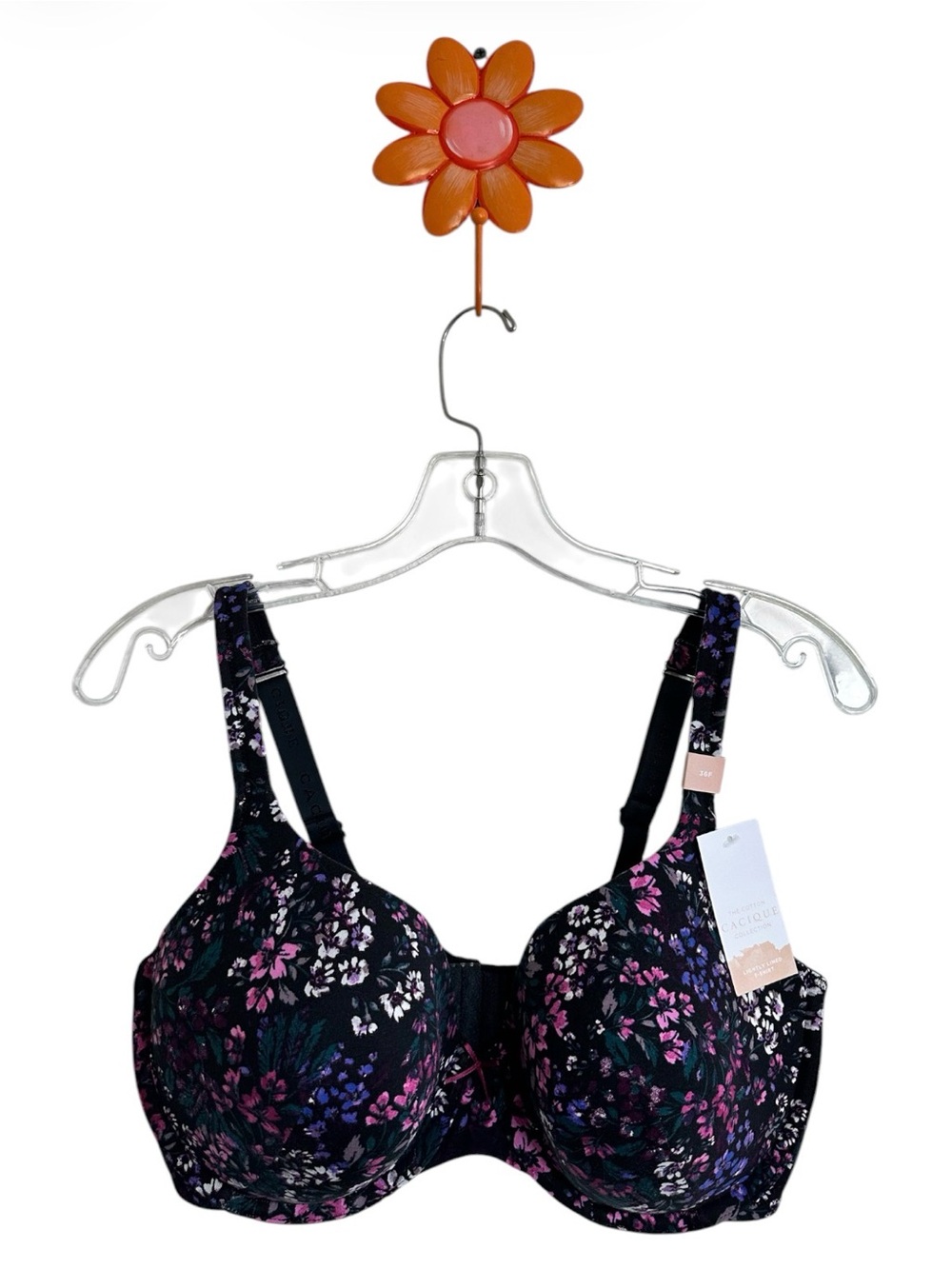 Cacique Lightly Lined Underwire T-Shirt Bra Black with Purple & Pink Accents 36F